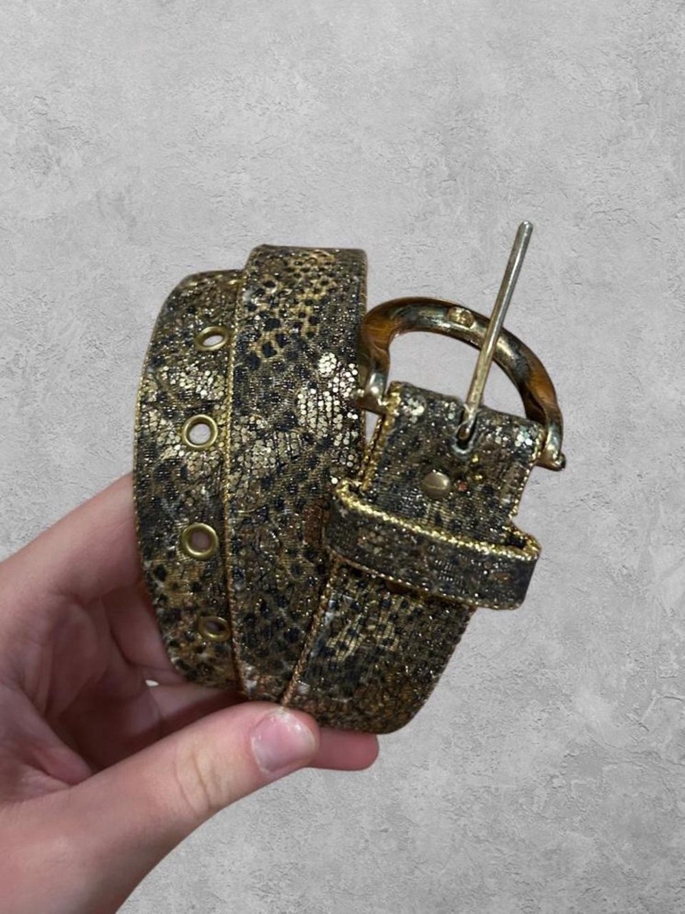 Metallic Gold Snake-Print Belt with Rounded Buckle